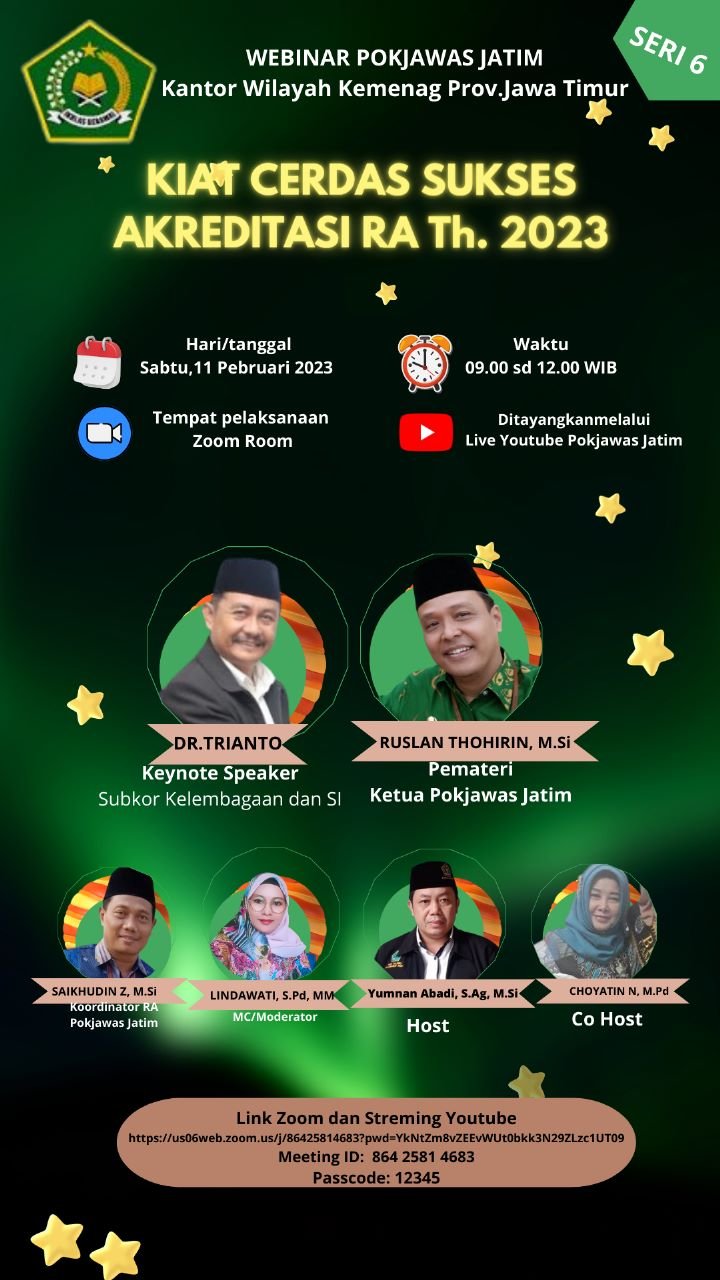 Webinar POKJAKWAS Jatim Seri 6 “ Kiat Cerdas Sukses Akreditasi RA Tahun 2023”
